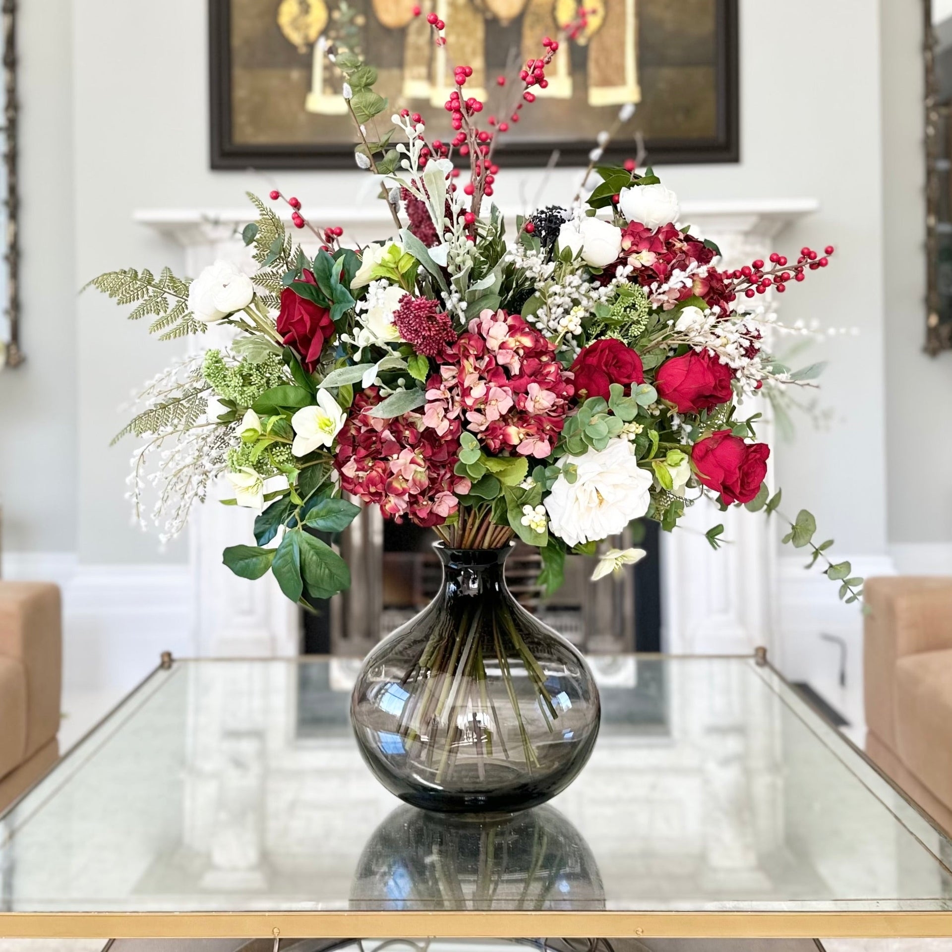 Flower Arrangement: Smoky Glass Vase and Layered Textures