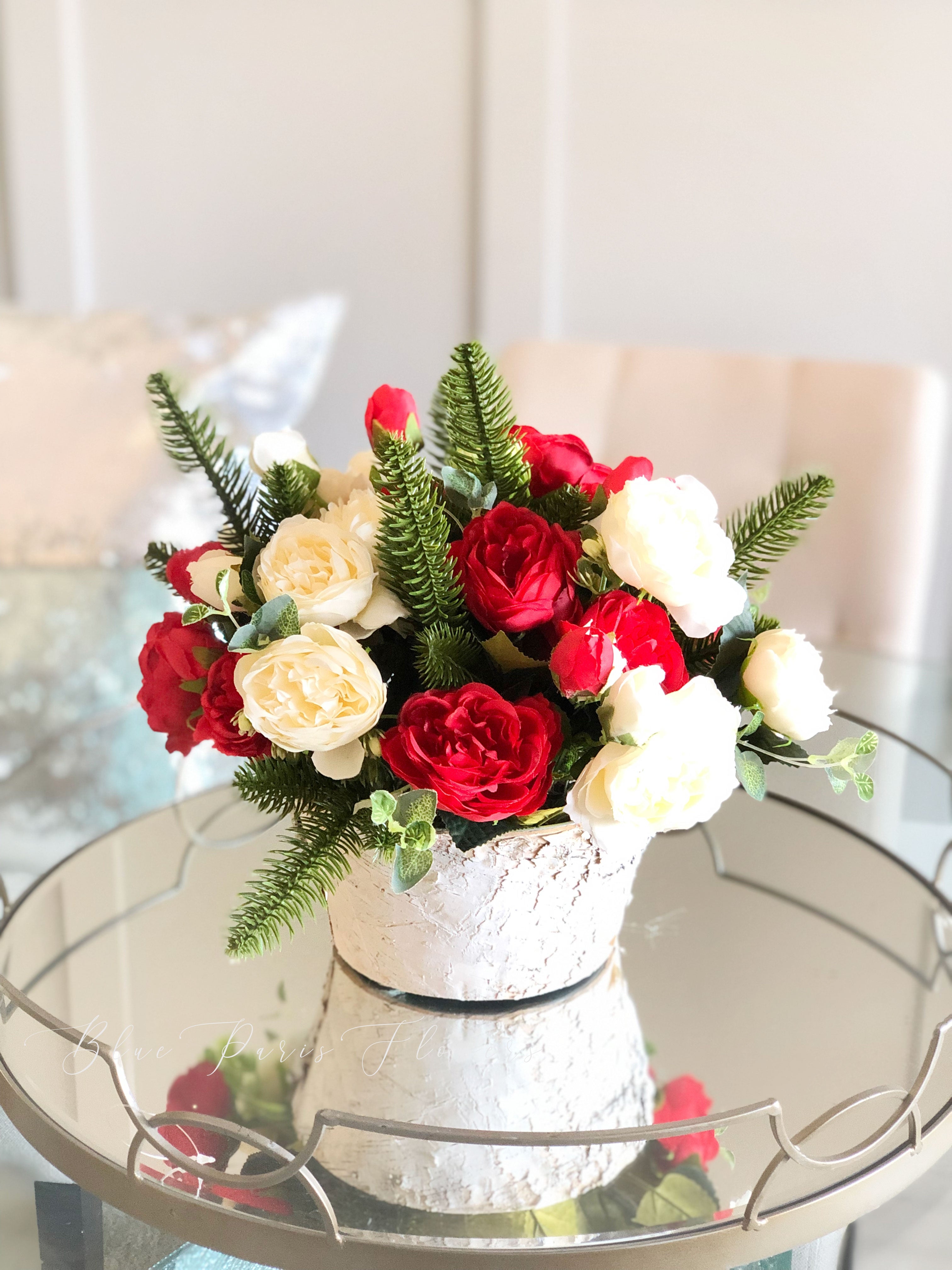 Flower Arrangement: Textured Pot with Birch Bark Rustic Texture