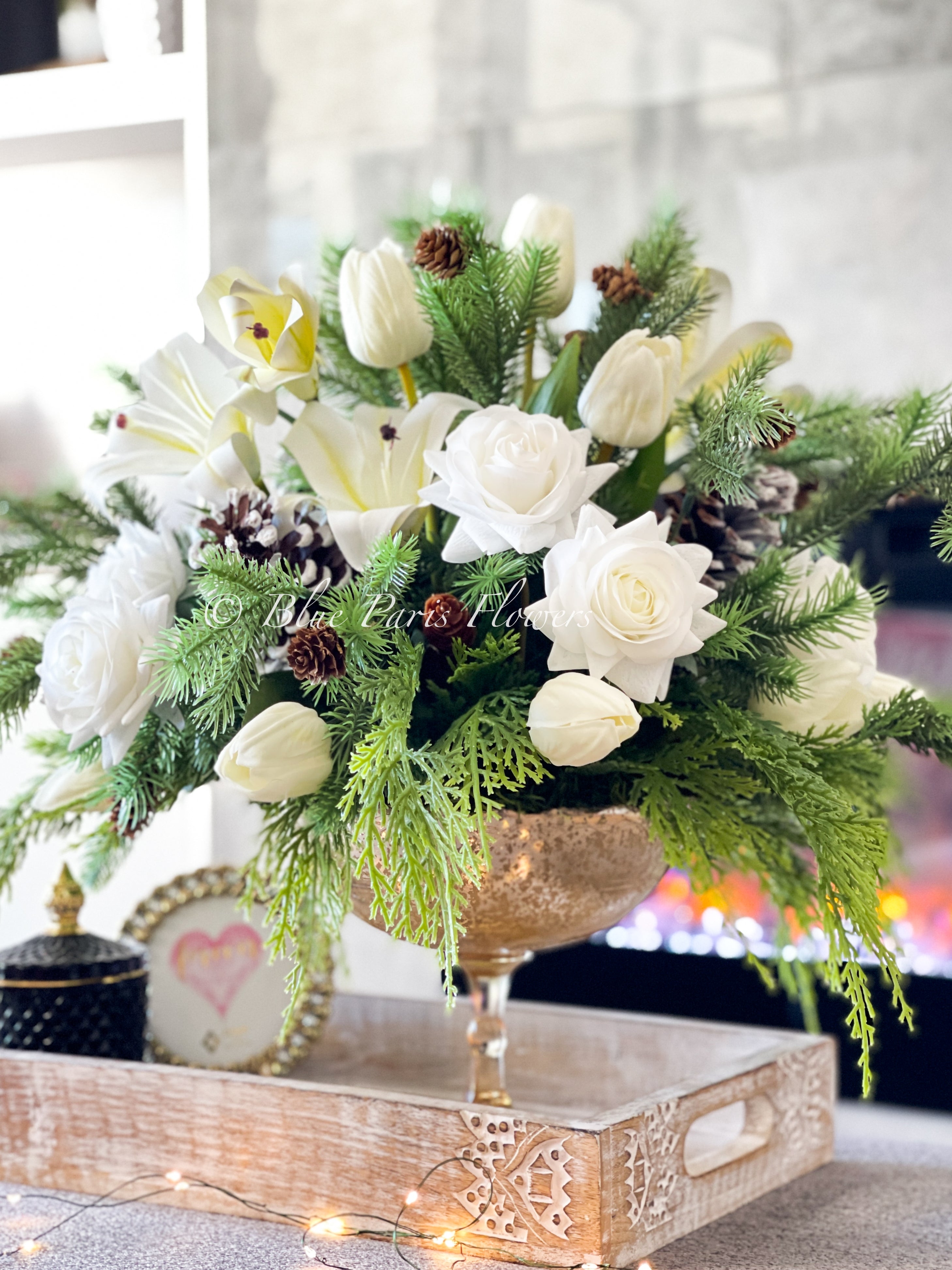 Flower Arrangement: White Roses in Speckled Gold Pedestal Bowl