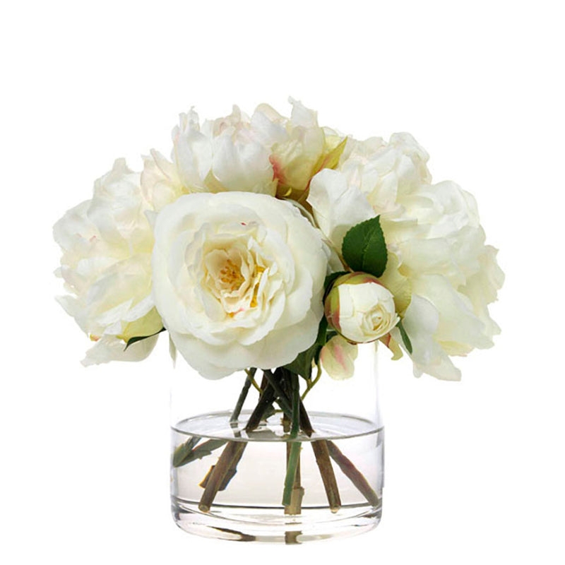 Flower Arrangement with Clear Cylinder Vase and White Peony Glass