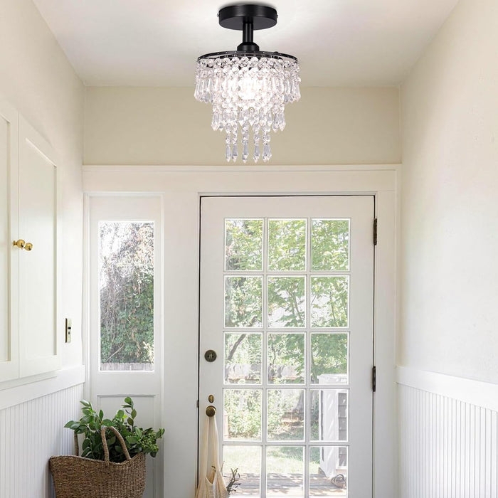 Flush Mount Chandelier: Matte Black 3 Tier Raindrop Light