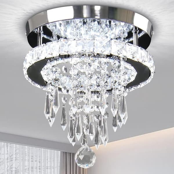Flush Mount Chandelier: Tiered Crystal Pendants Chrome Plate