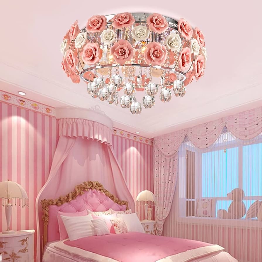 Flush Mount Chandelier with Ceramic Rose and Crystal Drops
