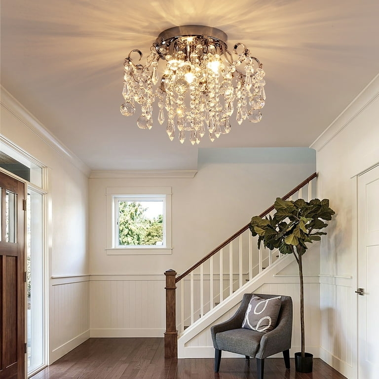 Flush Mount Light: Chrome Finish Tiered Raindrop Crystal