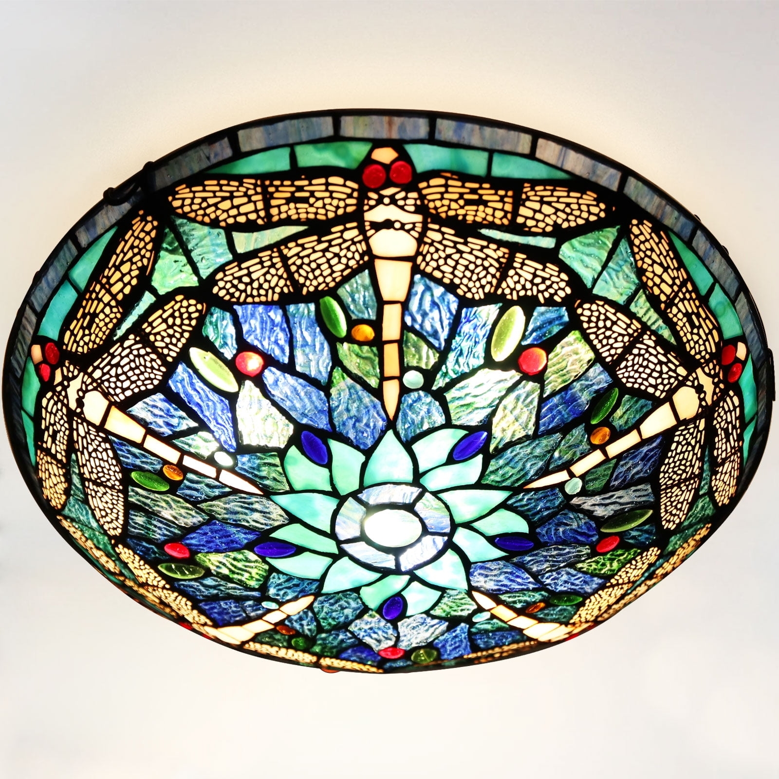 Flush Mount Light featuring Dragonfly Stained Glass Motif