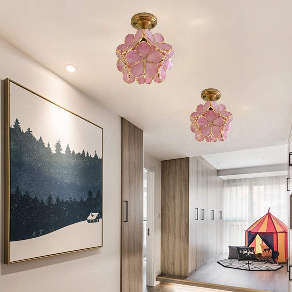 Flush Mount Light Rose Pink Petals and Floral Glass Design