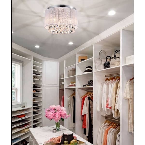 Flush Mount Light: White Fabric Drum Shade Crystal Fixture