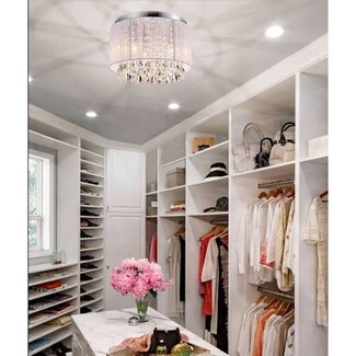 Flush Mount Light: White Fabric Drum Shade Crystal Fixture