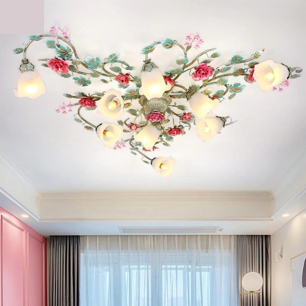 Flush Mount Light with Floral Vine Arms and Patina Green Finish