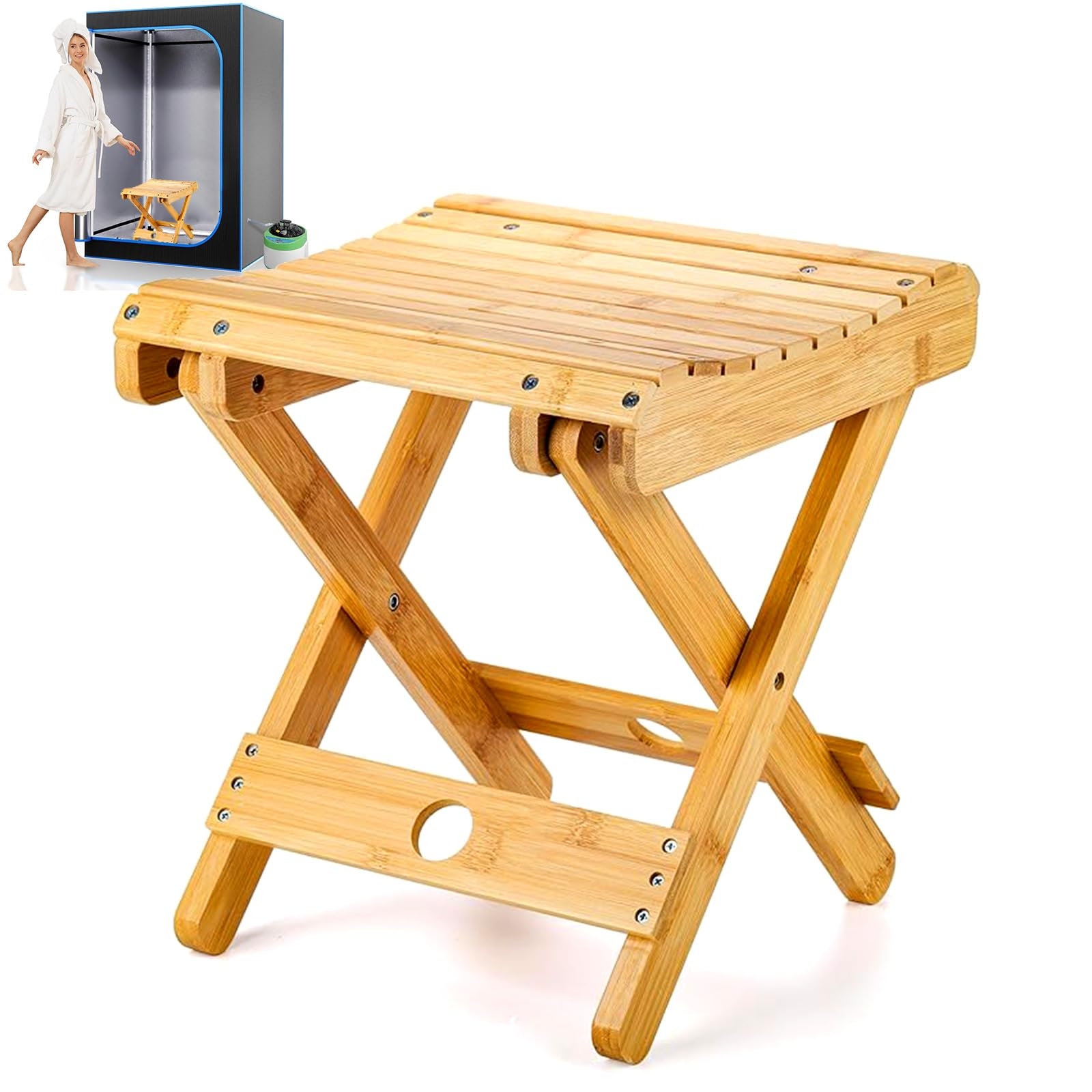 Folding Stool: Slatted Top Moisture Resistant Bamboo Seat