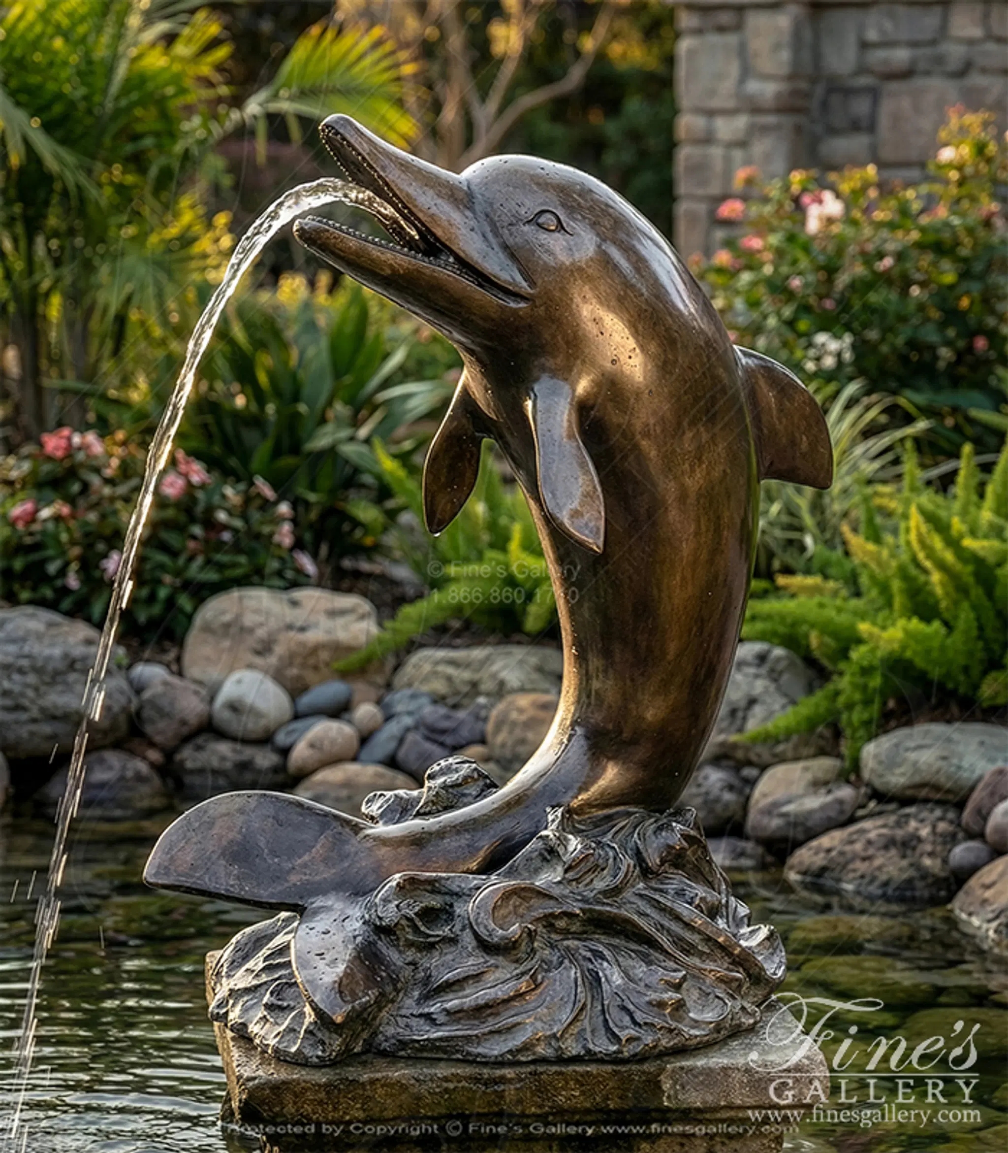 Fountain: Aged Bronze Brown Leaping Pond Animal Water Feature