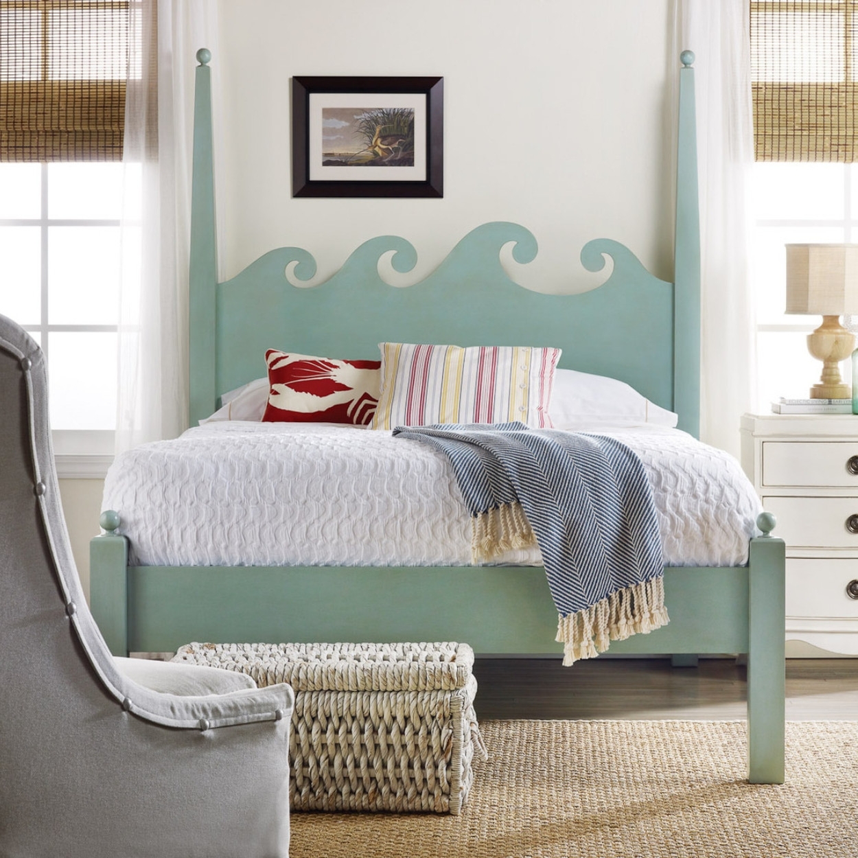 Four Poster Bed with Wave Shaped Headboard in Seafoam