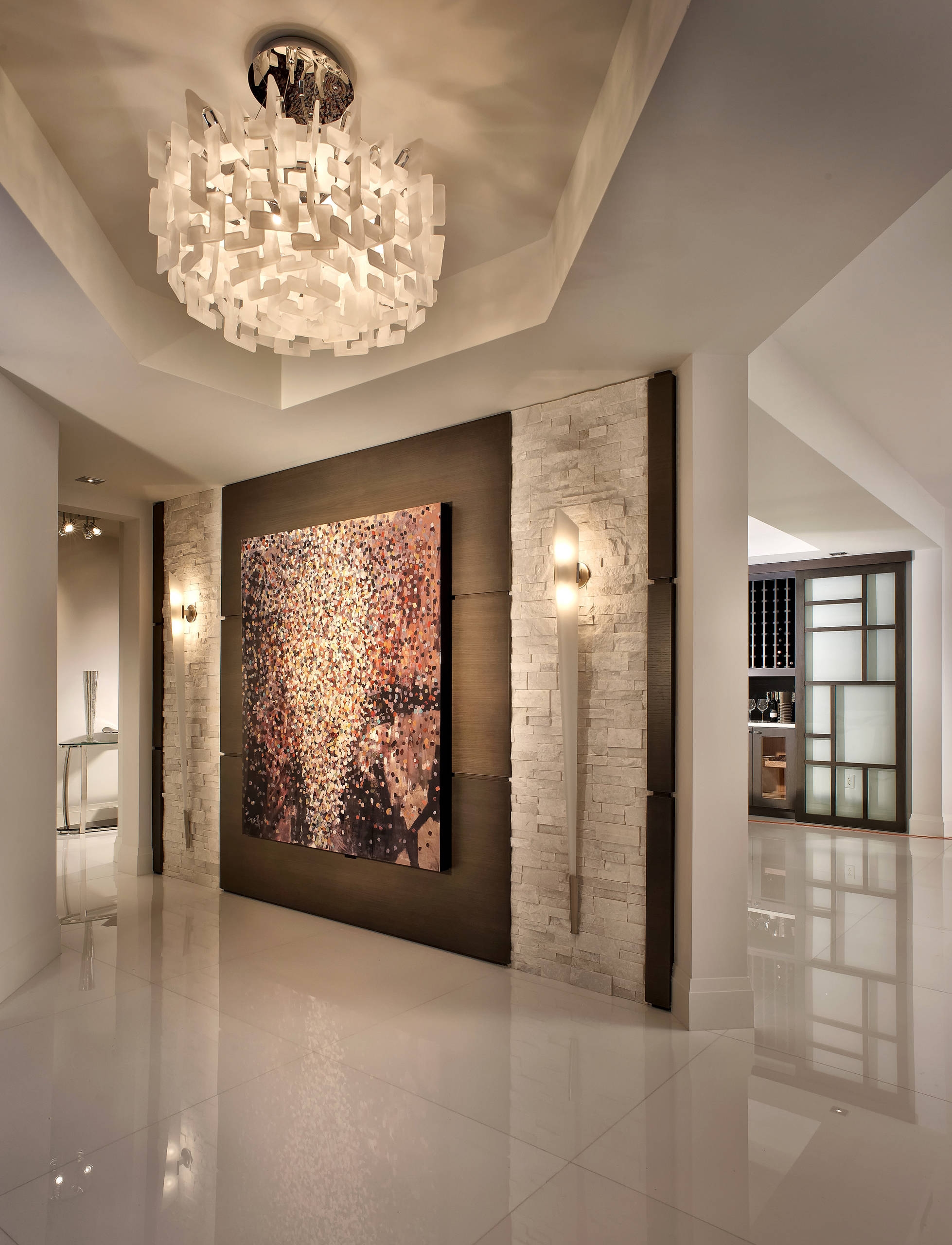 Foyer with Stacked Stone Panels and Luxury Foyer Wall Design