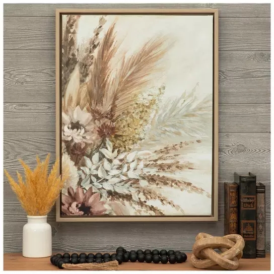 Framed Canvas Art: Floating Frame and Earth Tone Botanical Decor