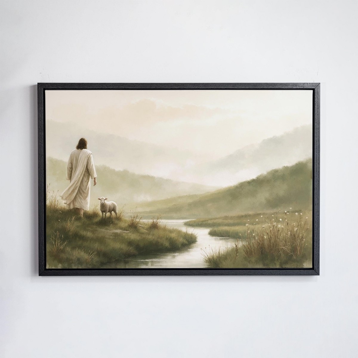 Framed Canvas Psalm 23 Theme Muted Palette River Art