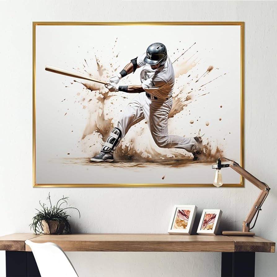 Framed Wall Art: Gold Framed Dynamic Splatter Baseball