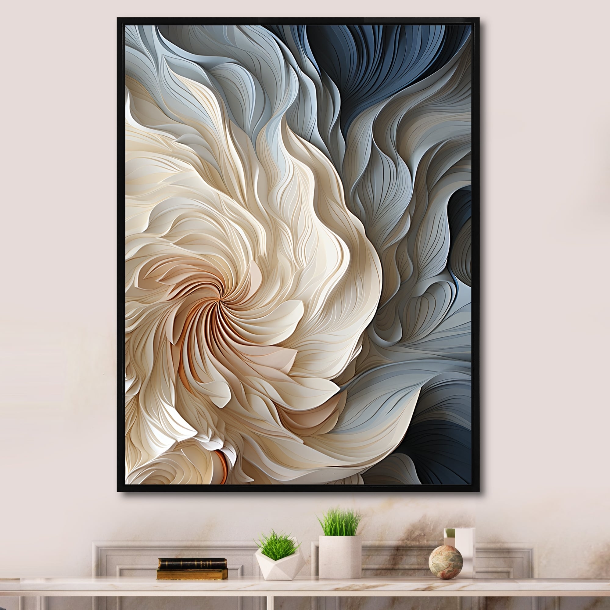 Framed Wall Art Navy Blue Feather Spiral Abstract Print