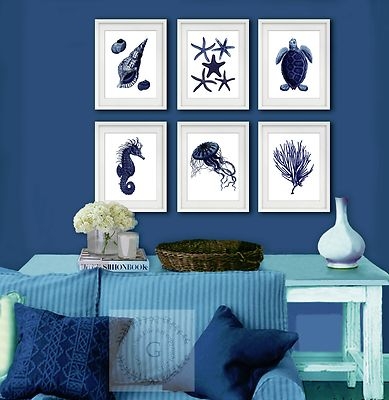 Framed Wall Art Navy Blue Ink Ocean Life Art Prints Set