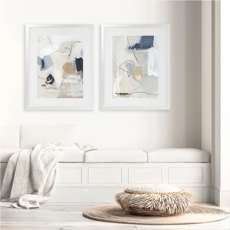 Framed Wall Art Neutral Abstract Pair White Sunroom Decor