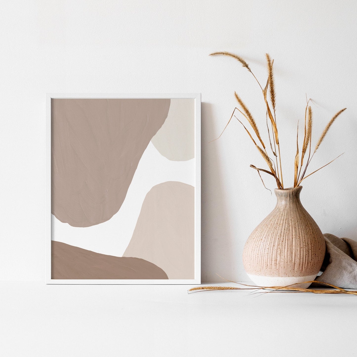 Framed Wall Art Organic Shapes Ribbed Vase Earthy Tabletop Decor