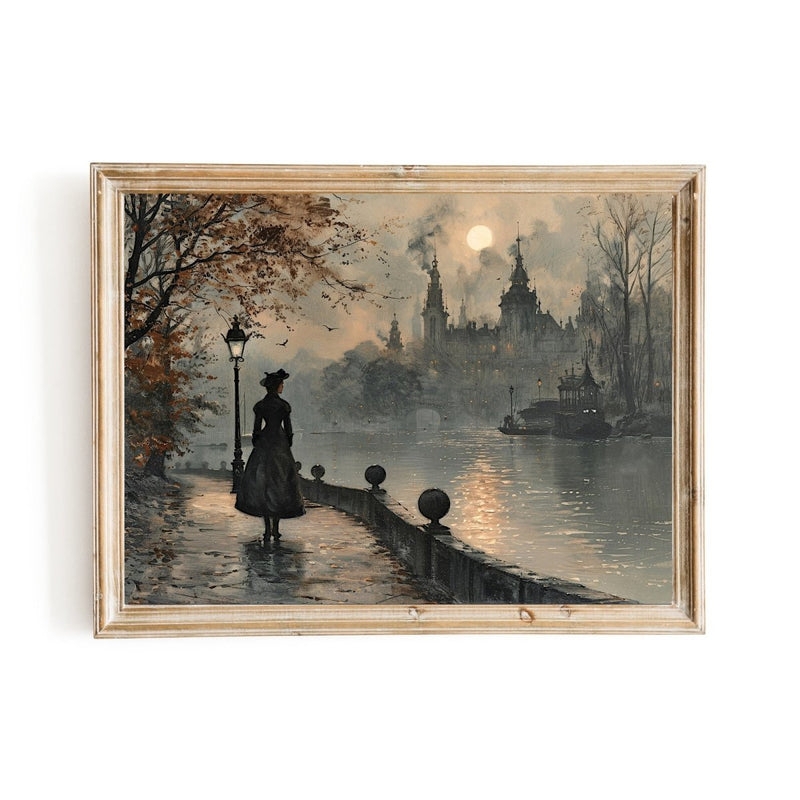 Framed Wall Art: Victorian Silhouette Misty Moonlight Art