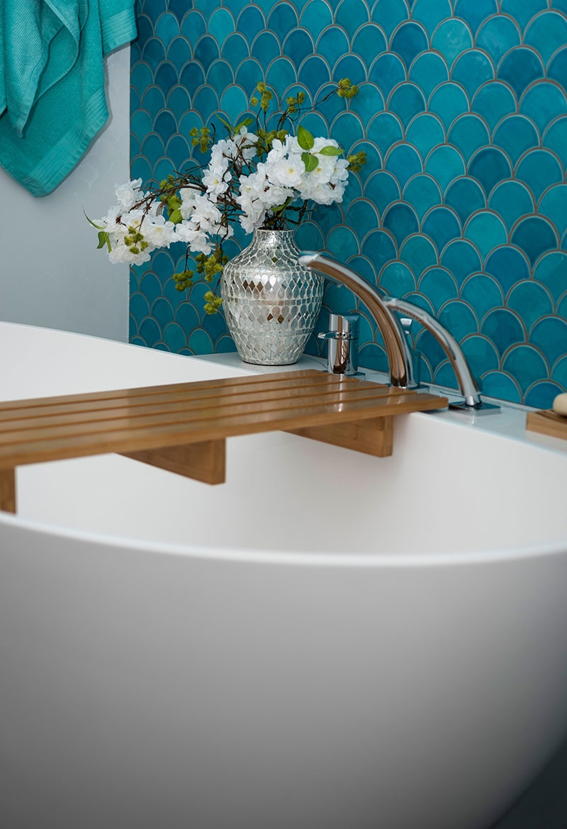 Freestanding Bathtub Wooden Tray Mermaid Tile Bathroom Ideas