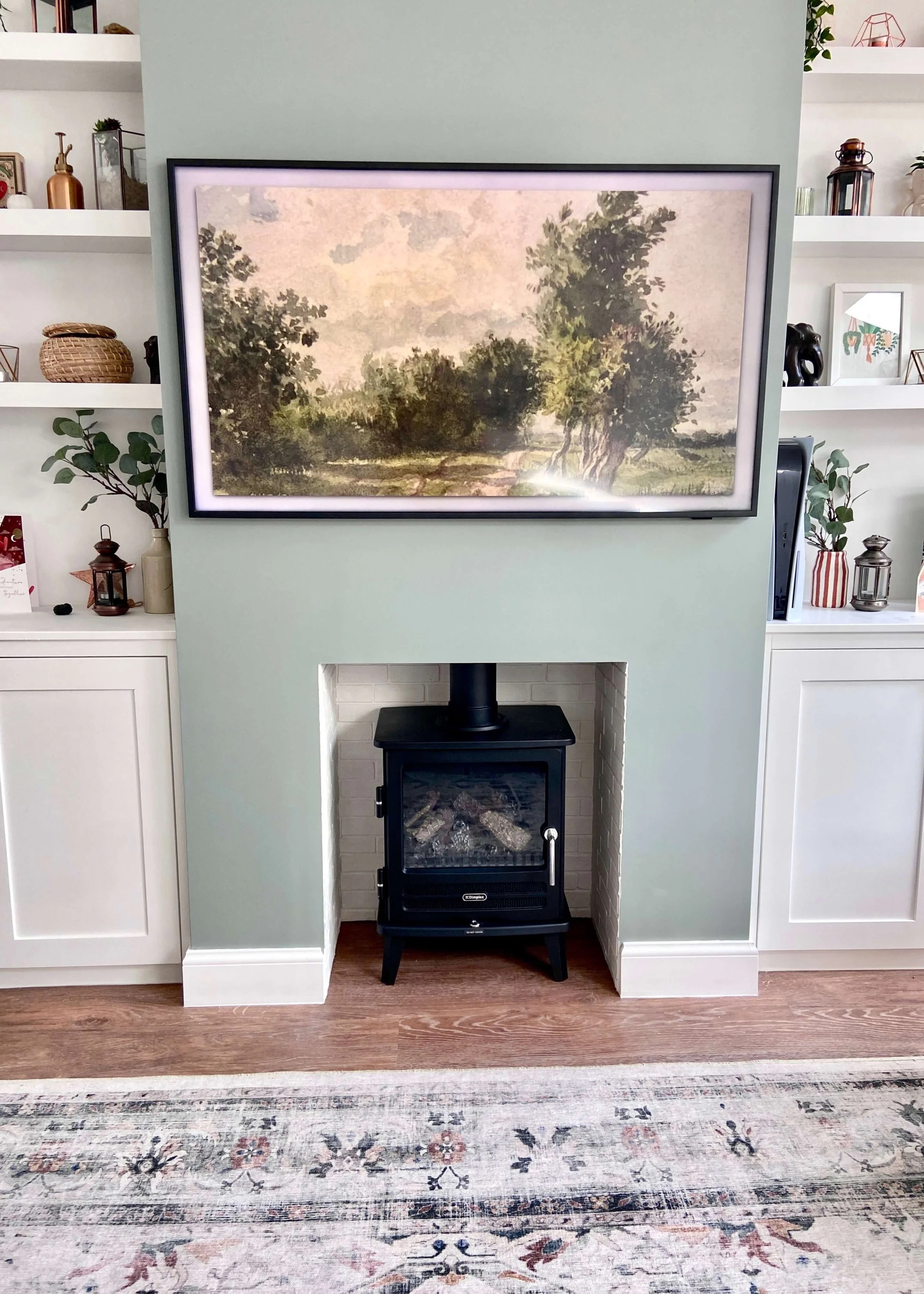 Freestanding Stove White Brick Backsplash Sage Green Accent Wall