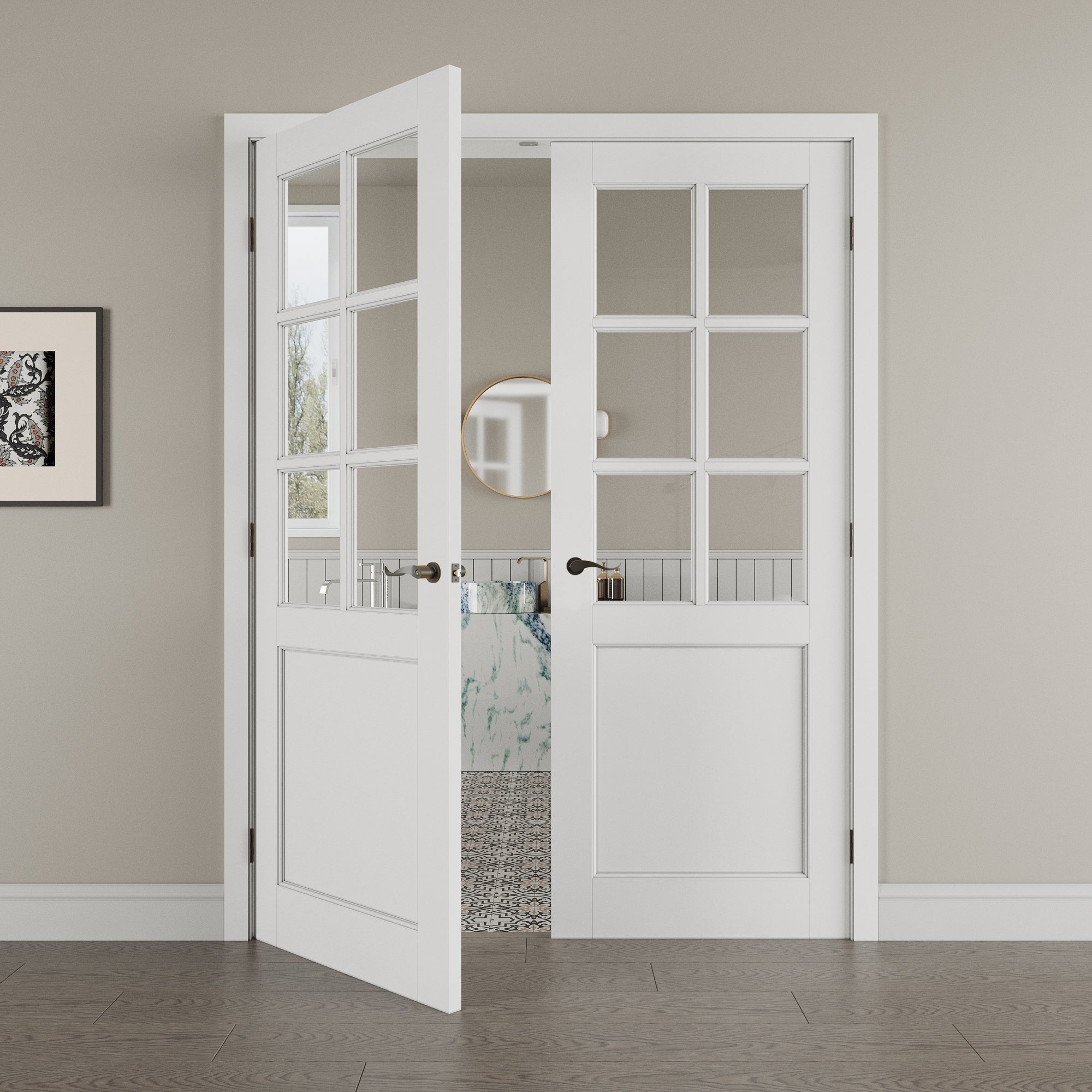 French Door with 6 Lite Design and Matte Black Hardware Clear Glass