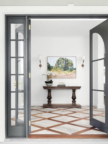 French Doors with Diamond Floor Inlay and Charcoal French Door Entry