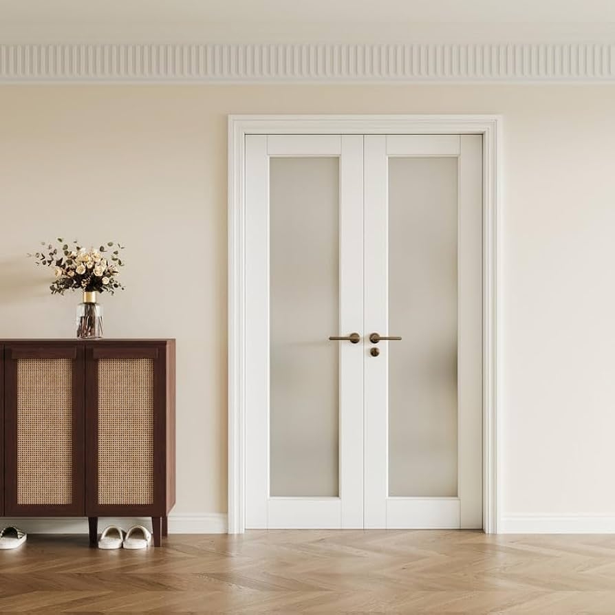 French Double Door with Frosted Glass Panels and White Shaker Style
