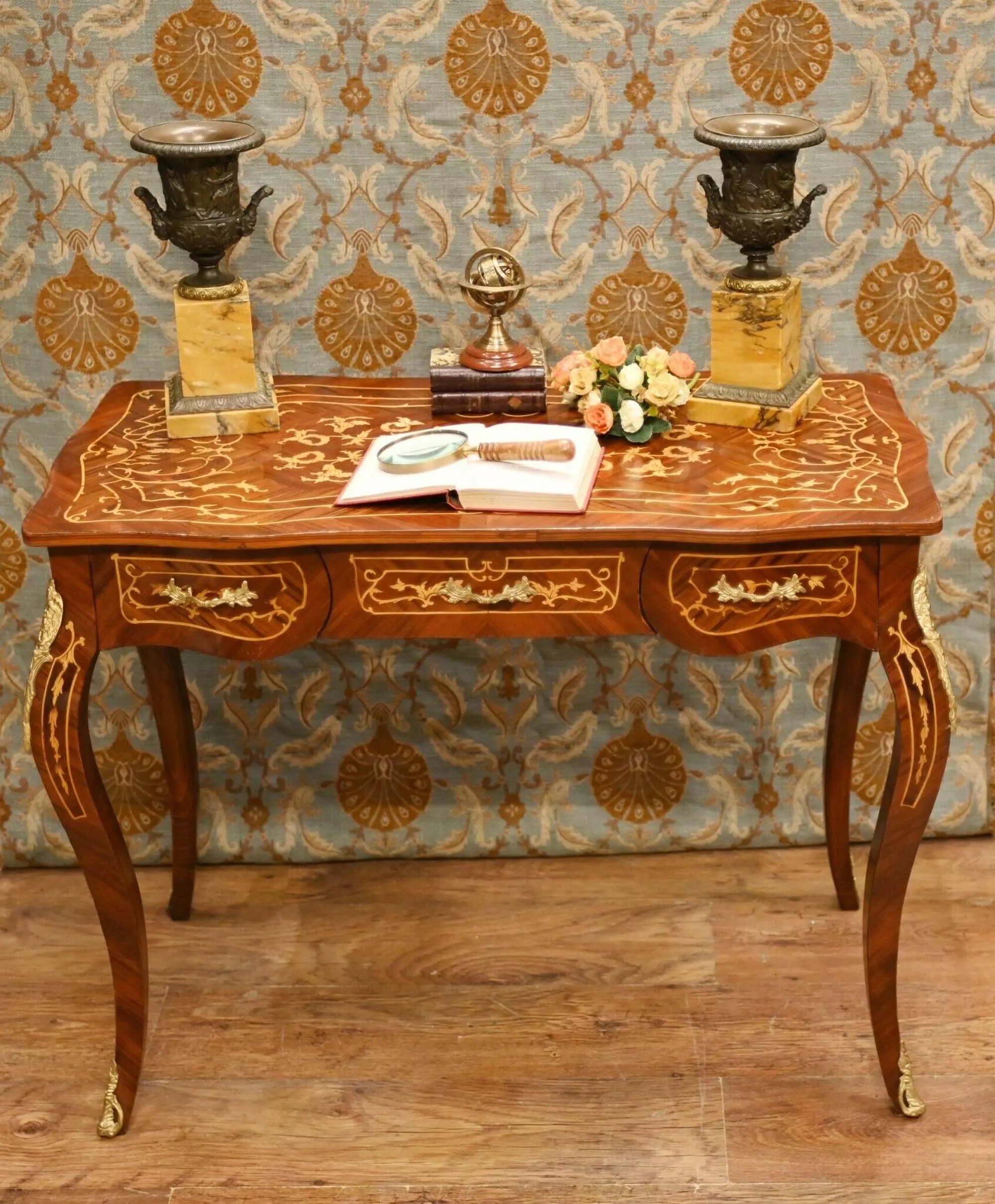 French Marquetry Writing Desk with Antique Gold Detail