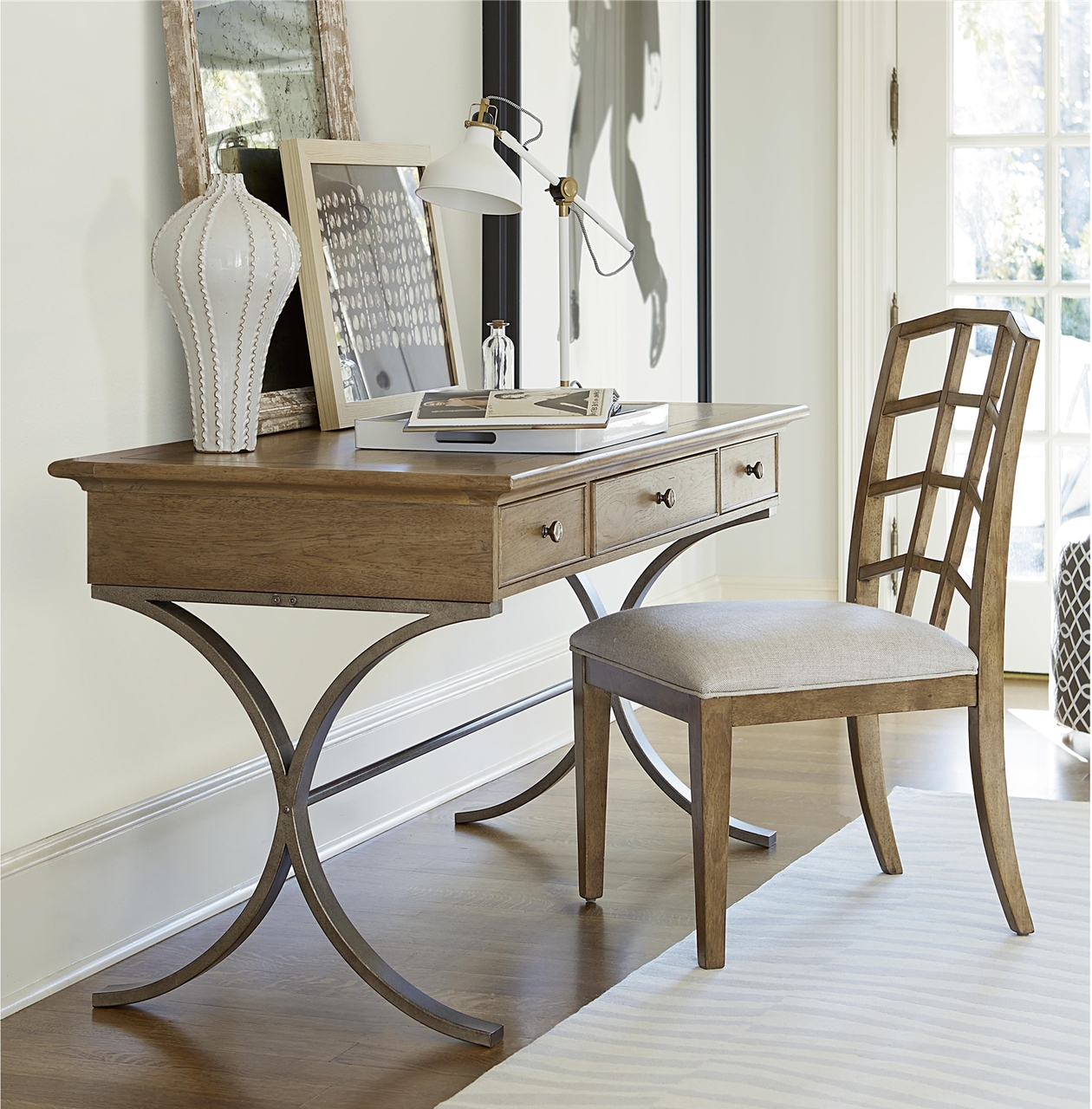 French Modern Writing Desk with Curved Metal X-Base