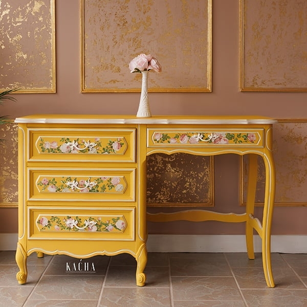 French Provincial Desk in Mustard Yellow with Floral