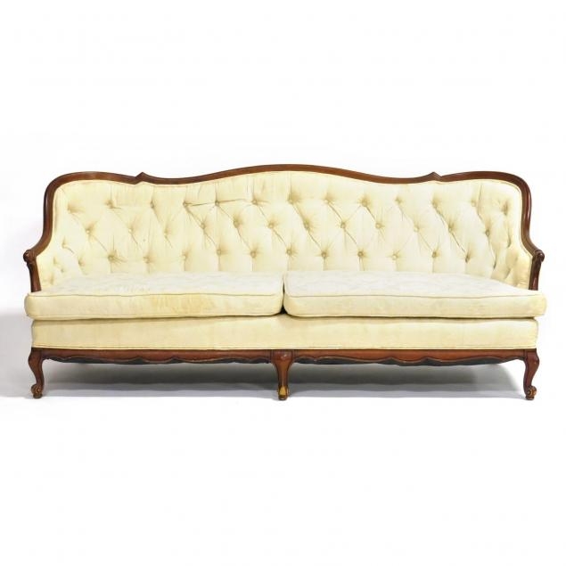 French Provincial Sofa Scalloped Wood Frame Yellow Couch