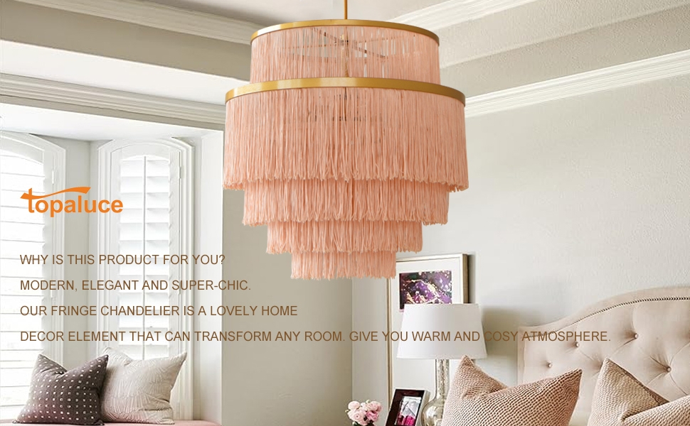 Fringe Chandelier 5-Tiered Design Peach Pink Boho Lighting