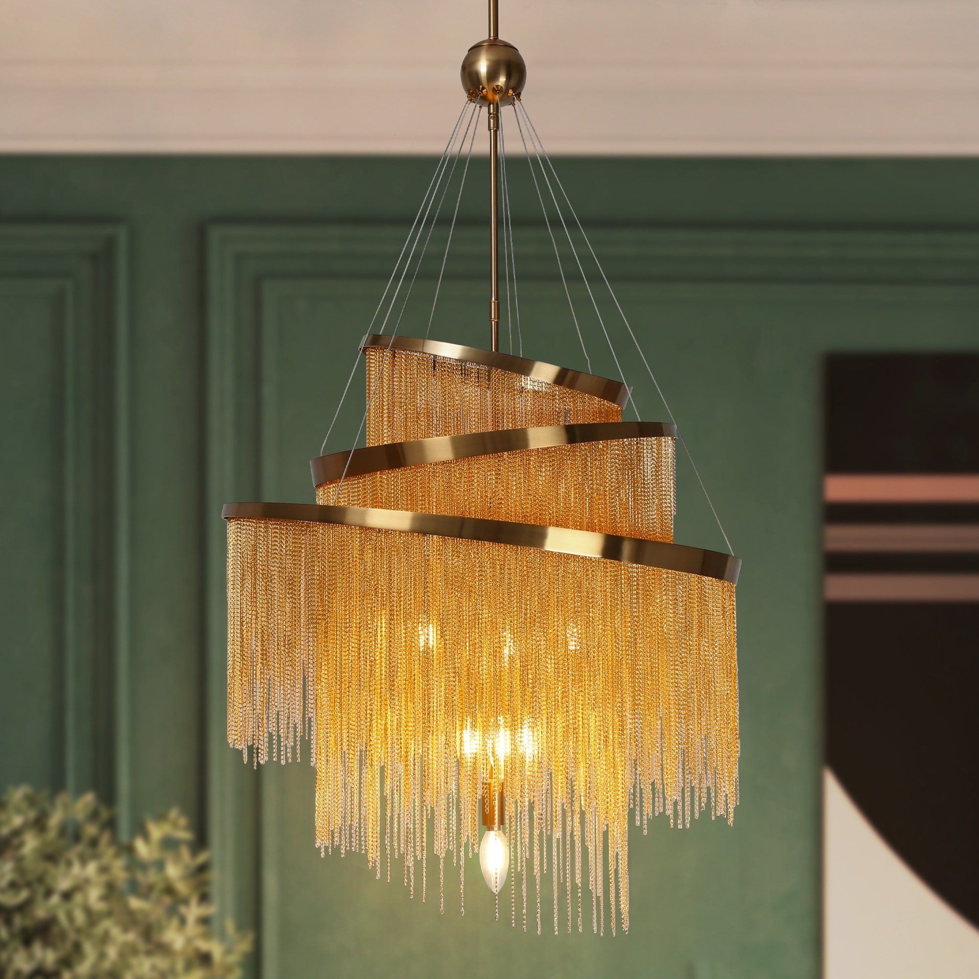Fringe Chandelier Cascading Metal Fringe Triple Tiered
