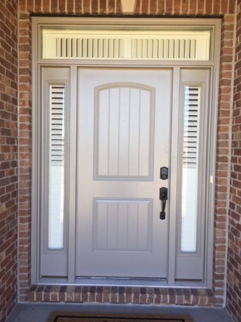 Front Door Louvered Transom Taupe Gray Finish Sidelights
