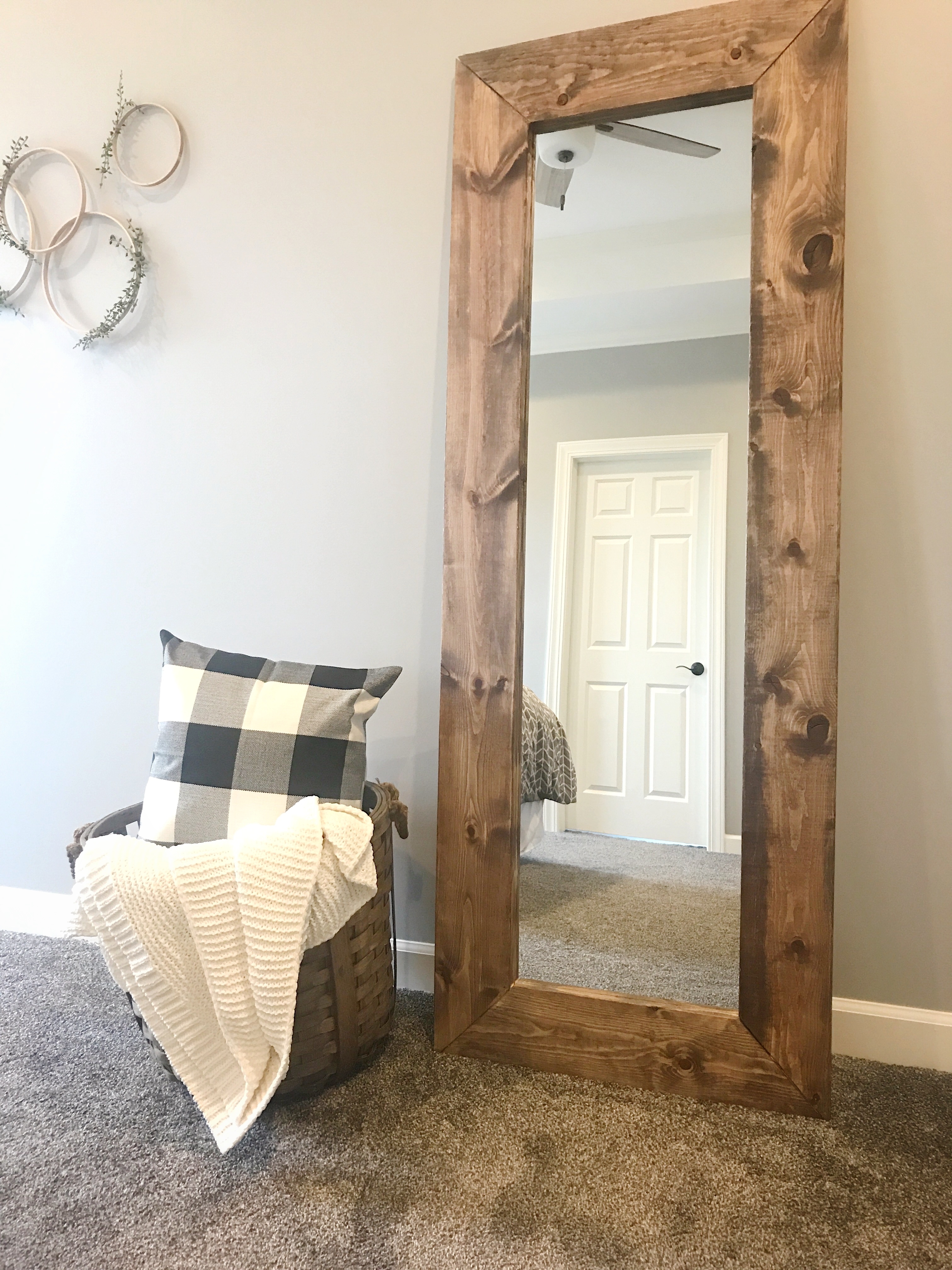 Full Length Mirror Chunky Wood Frame Mitered Corners Leaning