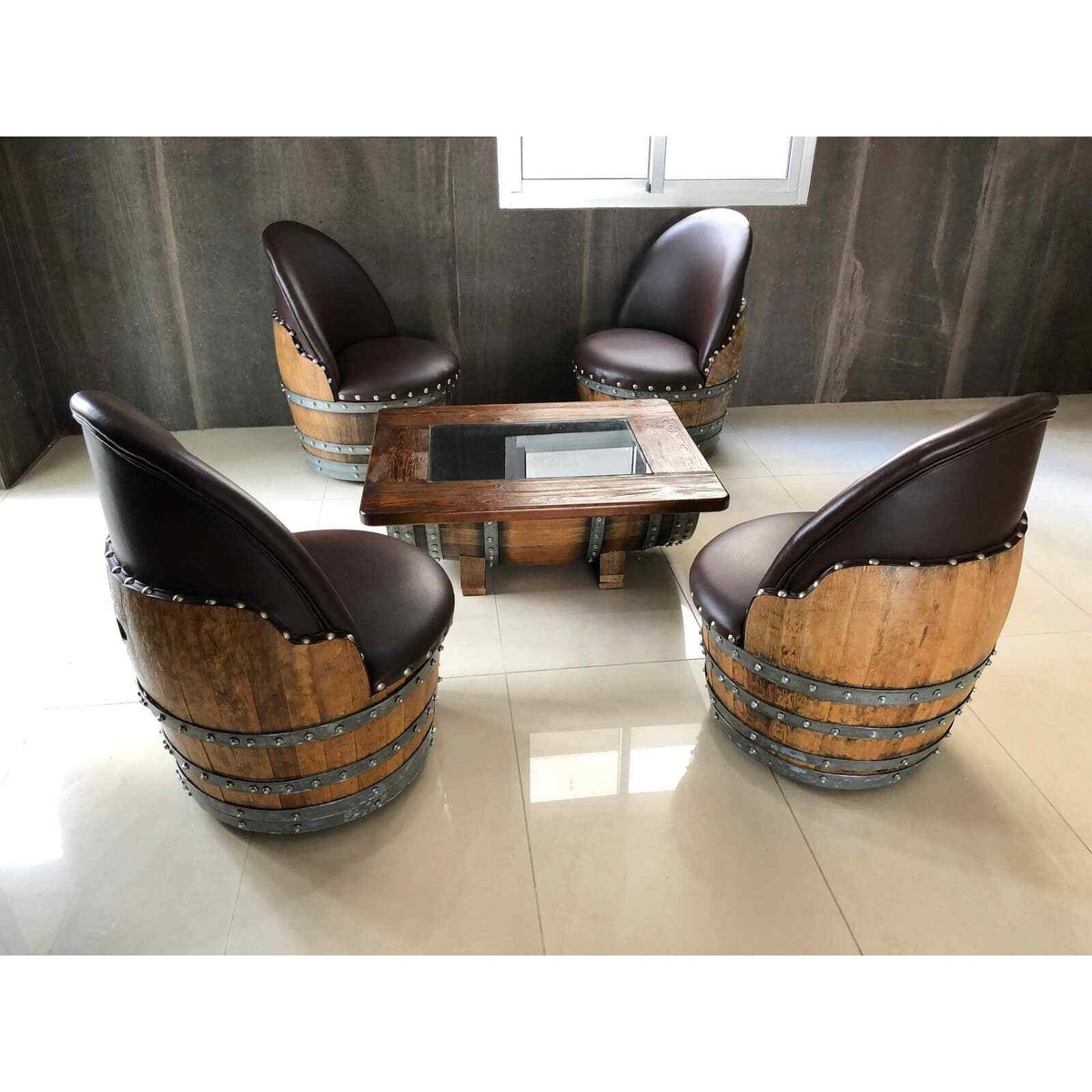 Furniture Set with Repurposed Barrel Design and Rivets