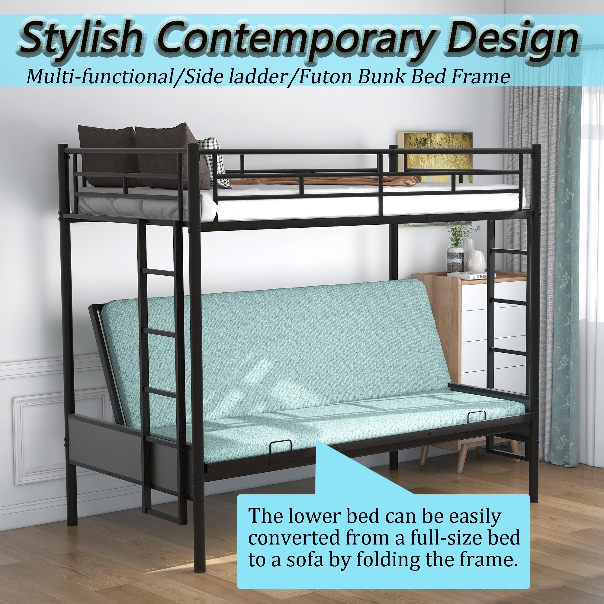 Futon Bunk Bed Convertible Lower Bunk Matte Black.