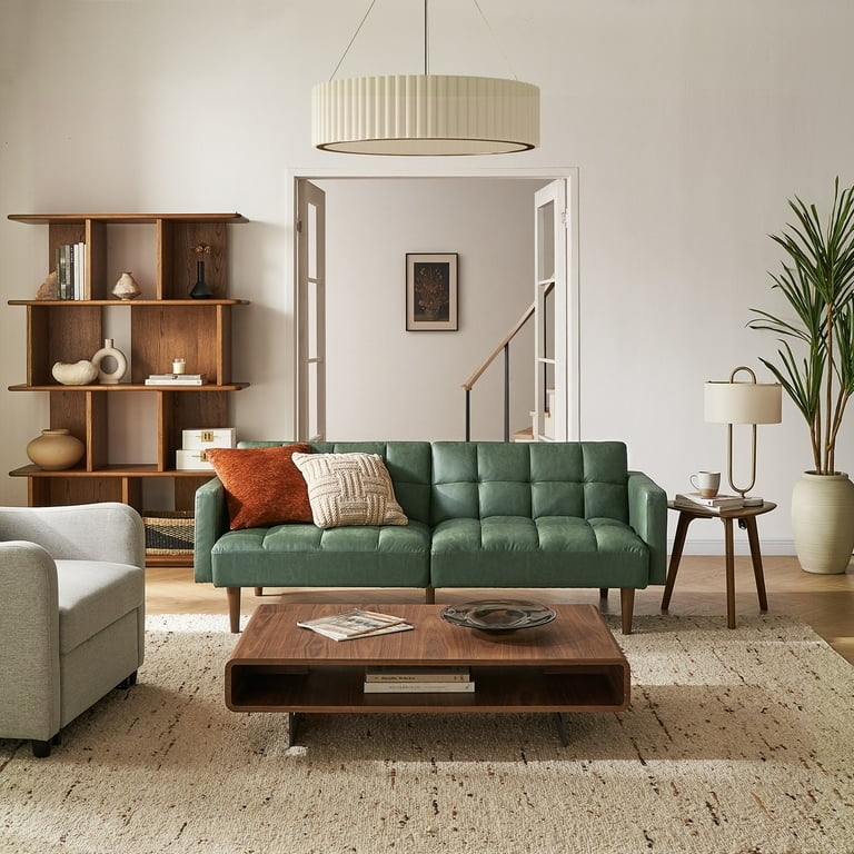 Futon Sofa: Sage Green Leatherette with Tufted Split Back