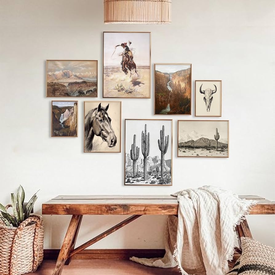 Gallery Wall Art: Staggered Height Layout for Desert Boho Home