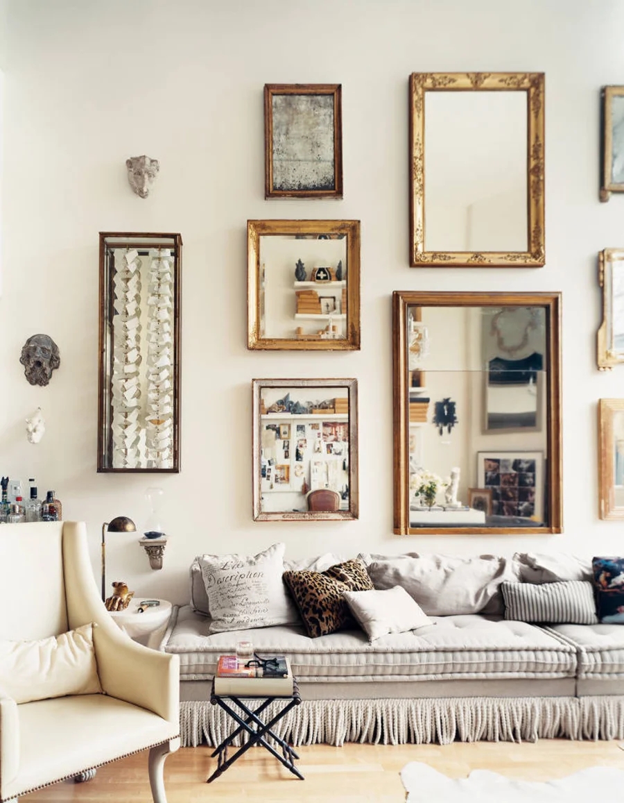 Gallery Wall with Mixed Mirror Display and Ornate Gold Frame Decor