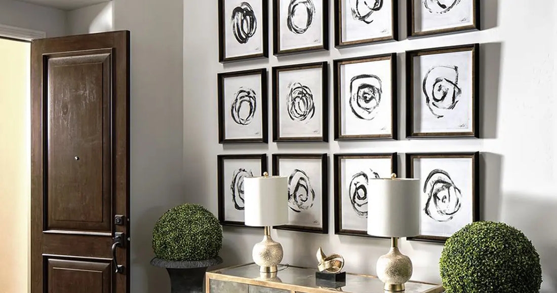 Gallery Wall with Twelve Piece Grid and Abstract Circle Wall Art