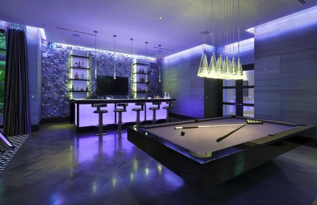 Game Room Set: Futuristic Basement Lounge and Backlit Bar Front