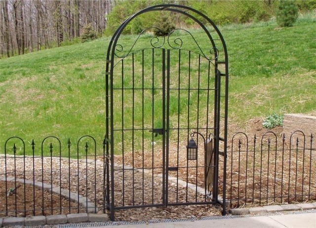 Garden Arbor Gate with Hanging Lantern and Iron Details