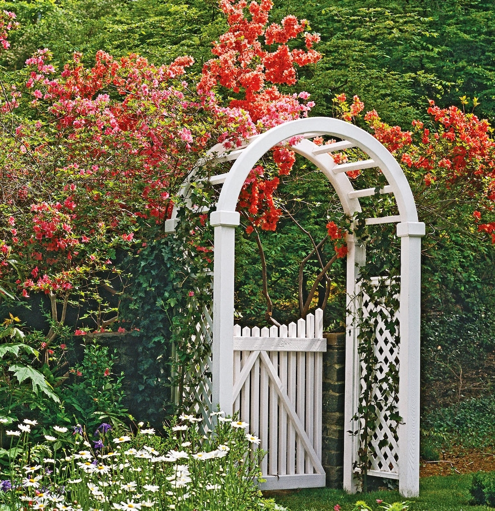 Garden Arbor with Lattice Flanks and White Picket Gate