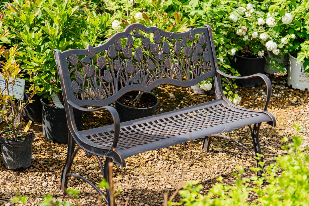 Garden Bench Detailed Tulip Motif and Bronze Loveseat
