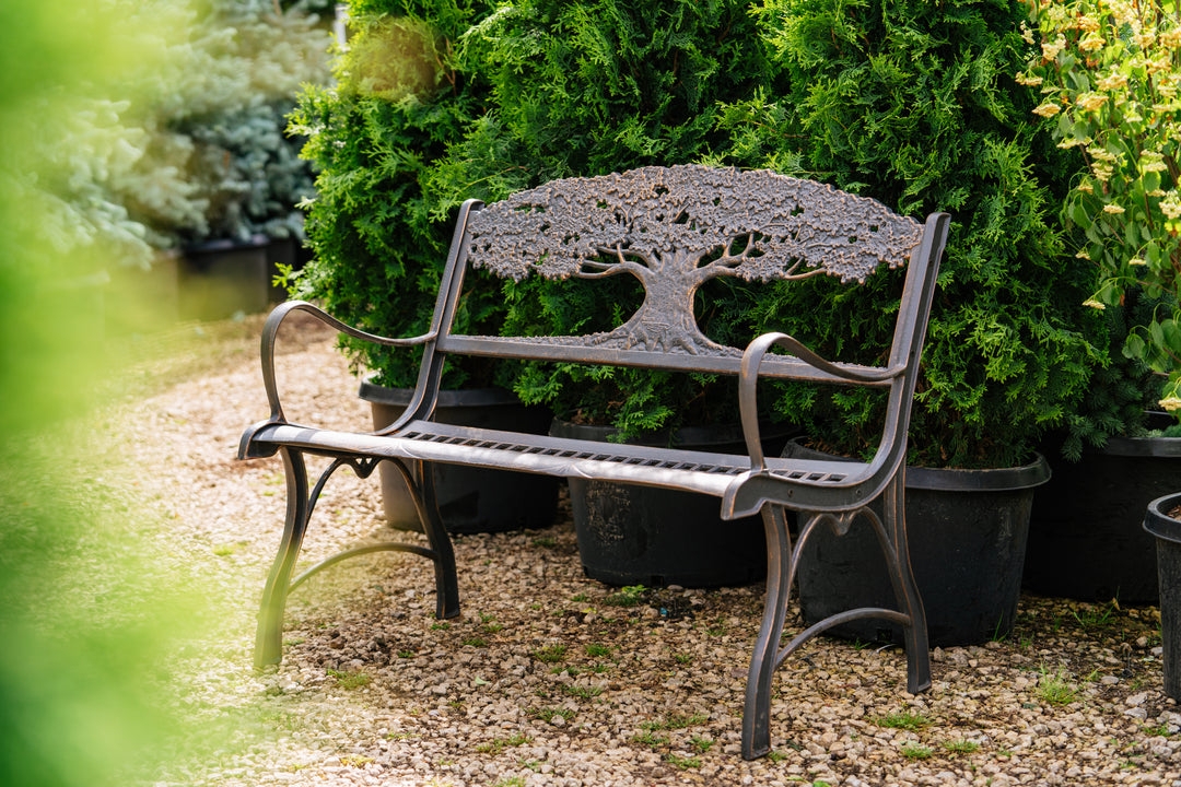 Garden Bench featuring Tree Motif Back and Bronze Loveseat