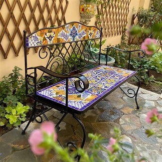 Garden Bench: Mexican Mosaic Garden Bench with Ceramic Tile